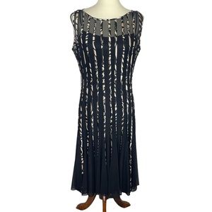 XScape by Joanna Chen Dress Womens 12 Black Cream Vertical Stripes Mesh Overlay